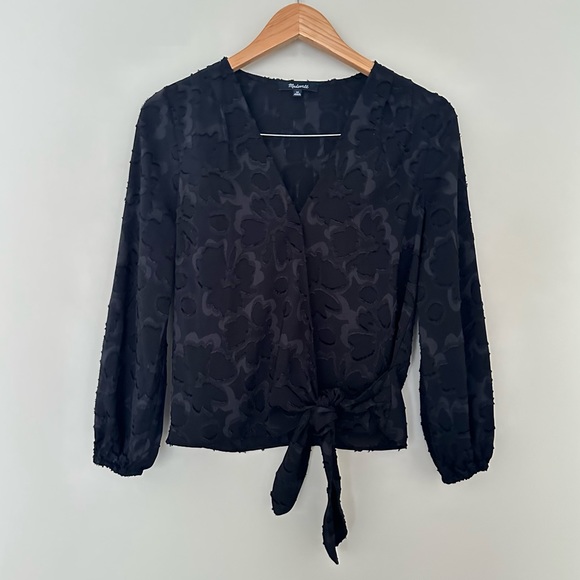 Madewell Black Floral Jacquard Side-Tie Wrap Top - Picture 3 of 10